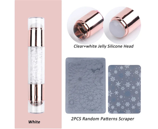 Зображення 3 Двосторонній штамп для стемпінгу з камінчиками + 2 скрапера (скребка) з різними візерунками Прозорий