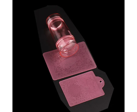 Зображення 2 Двосторонній штамп для стемпінгу нігтів з кришечкою + двома скребками з малюнками Рожевий