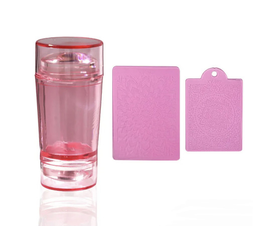 Зображення 4 Двосторонній штамп для стемпінгу нігтів з кришечкою + двома скребками з малюнками Рожевий
