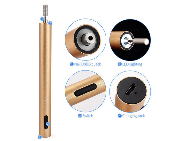 Зображення 2 Фрезер – ручка STE-S102 на 15000 об.хв. для апаратного манікюру, на акумуляторі + USB вхід Gold