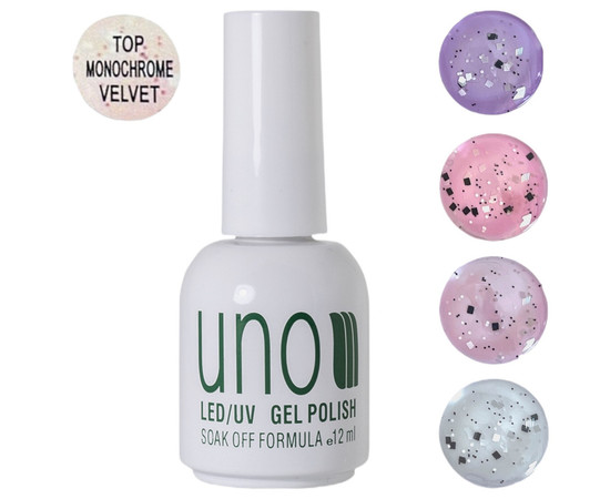 Зображення 8 Матове топове покриття UNO Monochrome Vervet Top для нігтів із чорними та білими частинками, 12 мл.