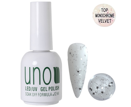 Зображення 6 Матове топове покриття UNO Monochrome Vervet Top для нігтів із чорними та білими частинками, 12 мл.