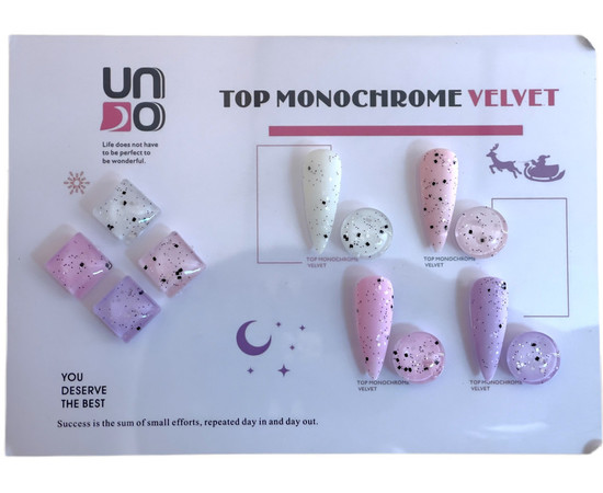 Зображення 5 Матове топове покриття UNO Monochrome Vervet Top для нігтів із чорними та білими частинками, 12 мл.