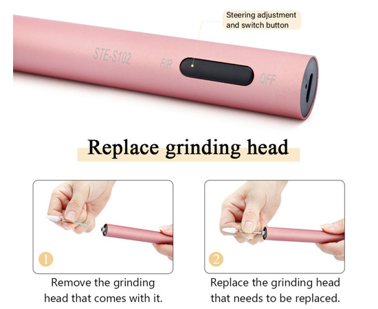 Зображення 4 Портативна фрезер – ручка STE-S102 на 15000 об.хв. для апаратного манікюру, на акумуляторі + USB вхід Rose Gold