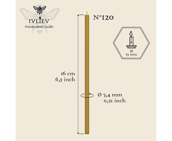 Зображення 2 Свічка церковна із бджолиного воску №120 діаметр 5.4 мм, 16 см, 10шт, Кількість в упаковці (шт): 10