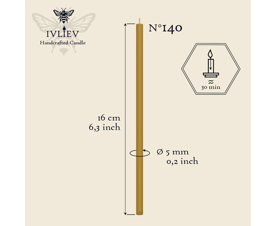 Зображення 2 Свічка церковна із бджолиного воску №140 діаметр 5 мм, 16 см, 350шт, Кількість в упаковці (шт): 350