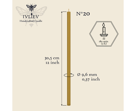 Зображення 2 Свічка церковна із бджолиного воску №20 діаметр 9.6 мм, 30.5 см, 25шт, Кількість в упаковці (шт): 25
