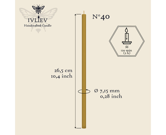 Зображення 2 Свічка церковна із бджолиного воску №40 діаметр 7.15 мм, 26.5 см, 50шт, Кількість в упаковці (шт): 50