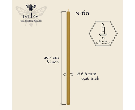 Зображення 2 Свічка церковна із бджолиного воску №60 діаметр 6.6 мм, 20.5 см, 10шт, Кількість в упаковці (шт): 10