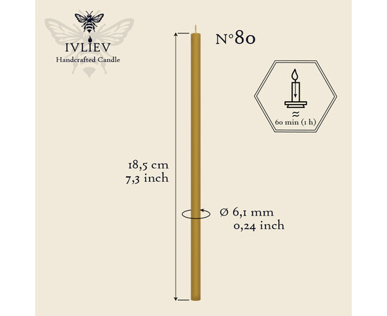 Зображення 2 Свічка церковна із бджолиного воску №80 діаметр 6.1 мм, 18.5 см, 10шт, Кількість в упаковці (шт): 10
