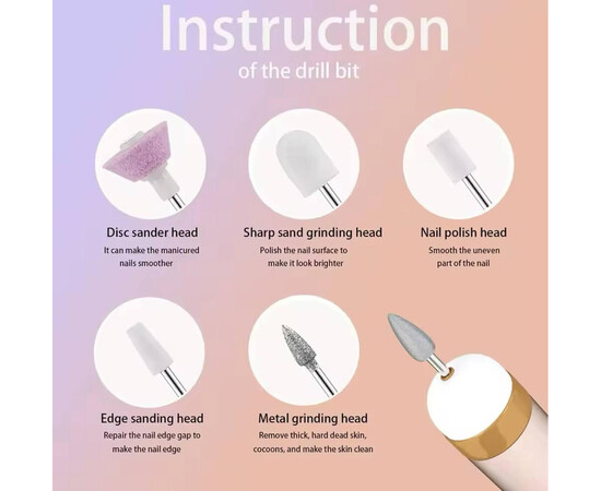 Зображення 3 Портативний фрезер-ручка для апаратного манікюру на USB (працює від повербанку) - 20 000 об./хв., 15 Вт Білий  , Колір: White