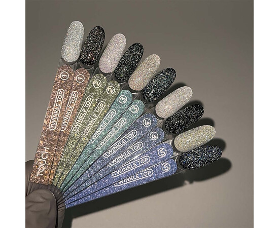 Зображення 4 Топ з UV-фільтрами Touch Twinkle Top No-Wipe 02 прозорий із зеленими блискітками та світловідбивним шимером, 13 мл, Об'єм (мл, г): 13, Колір: 02