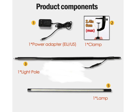 Изображение 7 Настольная LED лампа FХ-021 на 15 Вт. металлическая на струбцине - для освещения рабочего места Черный