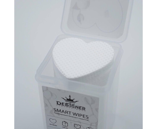 Зображення 2 Безворсові серветки Designer Smart Wipes (heart) у формі серця та з перфорацією, в контейнері 200шт.уп. Білий