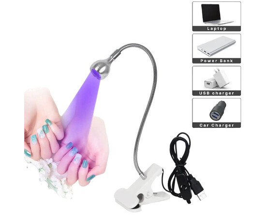 Изображение 3 Светильник ультрафиолетовый светодиодный USB с зажимом на прищепке, серебристый белый