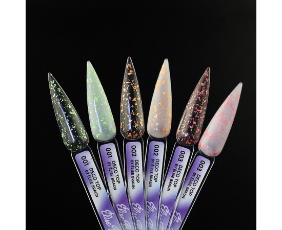 Зображення 3 Топ для гель-лаку без липкого шару Elise Braun Deco Top 01 з салатовими пластівцями поталі 10 мл, Об'єм (мл, г): 10, Колір: 01