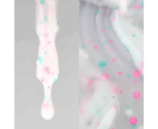 Зображення 4 Nails of the Day Cover basе 41 confetti насичено-молочне з рожевим, бірюзовим та білим конфетті база для нігтів, 10 мл, Об'єм (мл, г): 10, Колір: 41