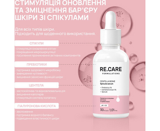 Зображення 3 Сироватка для обличчя RE.CARE Centella Biome Spicule Serum зі спікулами, центелою та пребіотиками, 30 мл