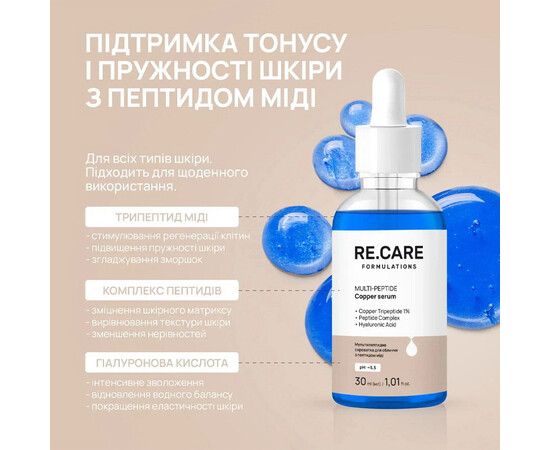 Зображення 3 Сироватка для обличчя RE.CARE Multi-Peptide Copper Serum зміцнююча з пептидом міді та гіалуроновою кислотою 30 мл