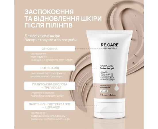 Зображення 2 Постпілінговий захисний гель для обличчя RE.CARE Post Peeling Protective Gel з сечовиною 3%, 45 мл