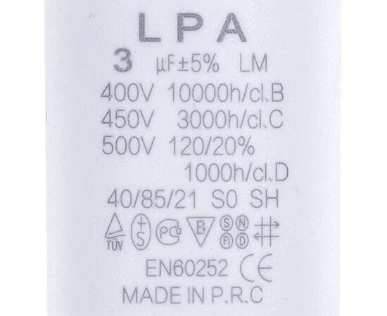 Зображення 2 Пусковий конденсатор для пральної машини CBB60 3 uF 450V 34x70mm (4 клеми)
