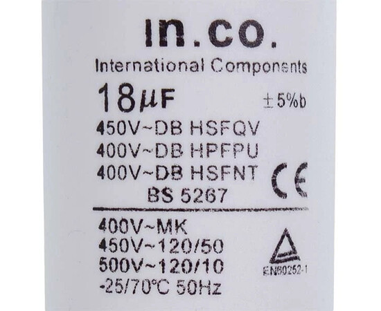 Зображення 2 Пусковий конденсатор для пральної машини CBB60 18uF 450V 40x70mm (під гайку, 4 клеми)