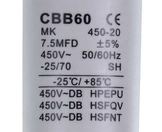 Зображення 2 Пусковий конденсатор для пральної машини CBB60 7.5uF 450V 38x60mm (під гайку, 4 клеми)