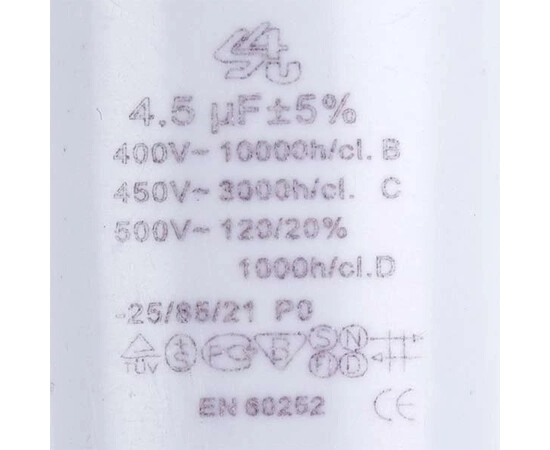Зображення 2 Пусковий конденсатор для пральної машини CBB60 4.5uF 450V 32x58mm (під гайку, 4 клеми)