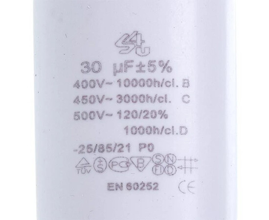 Зображення 2 Пусковий конденсатор для пральної машини CBB60 30uF 450V 45x95mm (під гайку, 4 клеми)
