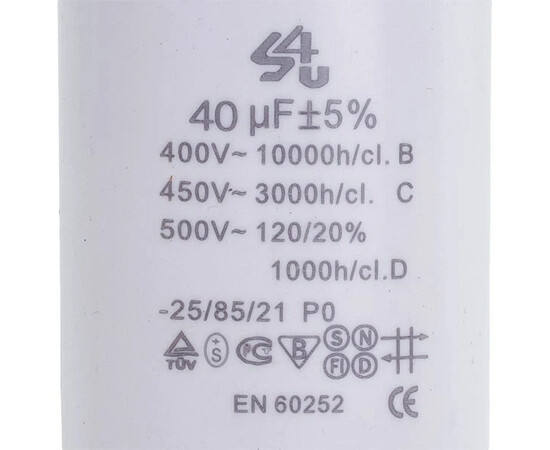 Зображення 2 Пусковий конденсатор для пральної машини CBB60 SKL 40uF 450V CBB60 45x95mm (під гайку, 4 клеми)