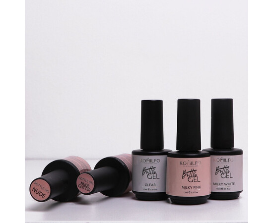 Зображення 2 Рідкий гель для нігтів Komilfo Bottle Gel Nude Glitter, з пензликом, 15 мл, Об'єм (мл, г): 15, Колір: Nude Glitter