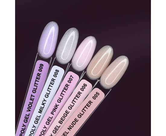 Изображение 3 Жидкий гель с шиммером Komilfo PolyGel 009 Violet Glitter, 15 мл, Объем (мл, г): 15, Цвет: 009