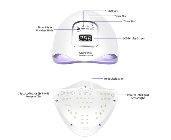 Зображення 11 Лампа для нігтів і шелаку SUN 5x Max UV + LED 80 Вт, Біла